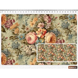 Tecido Tricoline Digital Fernando Maluhy Coleção Vintage Floral Flores Médias com Fundo Verde 50 x 150 cm