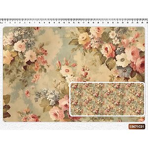 Tecido Tricoline Digital Fernando Maluhy Coleção Vintage Floral Flores Pequenas com fundo bege 50x150 cm