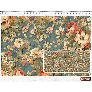 Tecido Tricoline Digital Fernando Maluhy Coleção Vintage Floral Flores Pequenas com Fundo Verde 50x150 cm