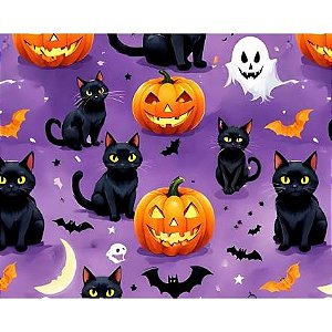 Tecido Tricoline Digital Fernando Maluhy Coleção Halloween Abóboras e Gatos Fundo Roxo 50x150 cm