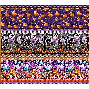 Tecido Tricoline Digital Barrado Fernando Maluhy Coleção Halloween, Estampa de Abóboras e Castelos Assombrados 55x150 cm