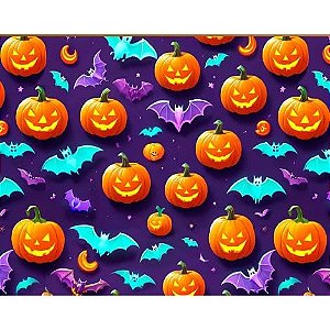 Tecido Tricoline Digital Fernando Maluhy Coleção Halloween Abóboras e Morcego Fundo Roxo 50x150 cm, 100% Algodão