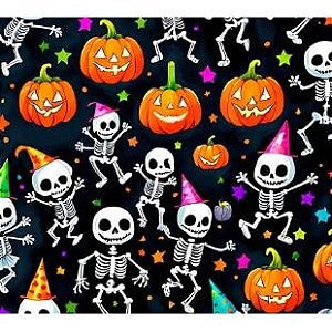 Tecido Tricoline Digital Fernando Maluhy Coleção Halloween Esqueleto e Abóbora Infantil 50 x 150 cm