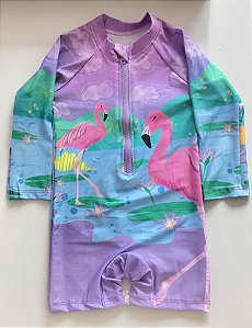 Macaquinho Infantil com zíper frontal Menina - Lago dos Flamingos