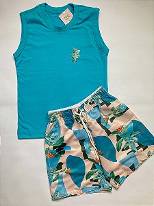 Conjunto Infantil Azul Folhagens Regata Menino