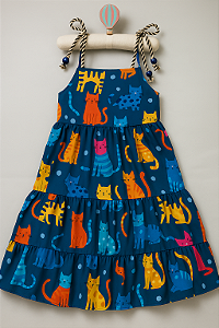Vestido Infantil Menina Gatinho Azul