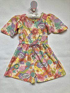 Macaquinho Infantil Menina Floral Rosa e Off White