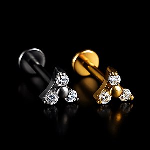 Piercing Trinity Titânio Hipoalergênico 3 Zircônias Labret Rosca Interna Trágus Hélix Conch Flat