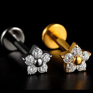 Piercing Mini Flor Titânio Zircônia Cravejada Labret Rosca Interna Trágus Hélix Conch Flat Lóbulo