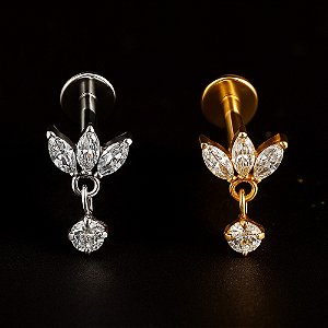 Piercing Labret Orelha Titânio Pêndulo Zircônia Minimalista Hipoalergênico Hélix Conch Trágus Lóbulo