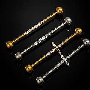 Piercing Transversal Industrial Titânio Zircônia Cravejada Cruz Cartilagem 36mm 38mm 1.2mm 1.6mm