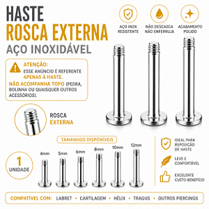 Haste Piercing Labret Rosca Externa Aço Inoxidável
