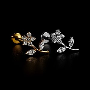 Piercing Labret Flor Titânio Zircônia Cravejada Hélix Trágus Conch Flat Lóbulo Prata Dourado Seguro