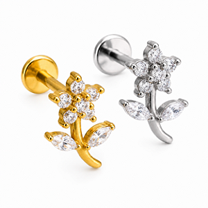 Piercing Labret Flor Zircônia Aço Cirúrgico Rosca Interna Hélix Trágus Conch Flat Lóbulo Prata Dourado