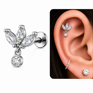 Piercing Pêndulo Zircônia Aço Cirúrgico Hélix Conch Flat Trágus Lóbulo Labret Prata Dourado 8mm