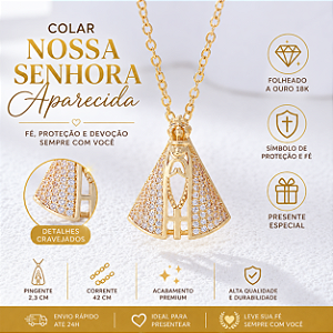 Colar Nossa Senhora Aparecida Folheado Ouro 18K Corrente 42cm Pingente Religioso Feminino Dourado