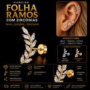 Piercing Folha Ramos Aço Cirúrgico Zircônia Labret Trágus Hélix Conch Flat Lóbulo Rosca Interna