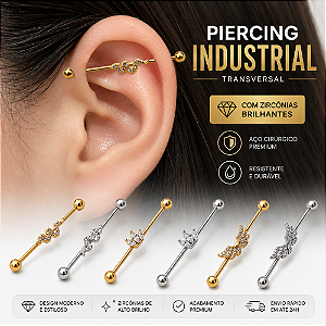 Piercing Industrial Transversal Aço Cirúrgico Pingente Zircônia Hélix Cartilagem Orelha Prata Dourado