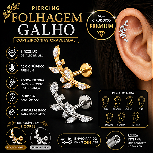 Piercing Folhagem Galho Zircônia Aço Cirúrgico Labret Hélix Trágus Conch Flat Lóbulo Rosca Interna