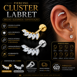 Piercing Cluster Labret Aço Cirúrgico Hélix Trágus Conch Flat Lóbulo Rosca Interna Prata Dourado