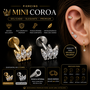 Piercing Mini Coroa Aço Cirúrgico Labret Rosca Interna Hélix Trágus Conch Flat Lóbulo Prata Dourado