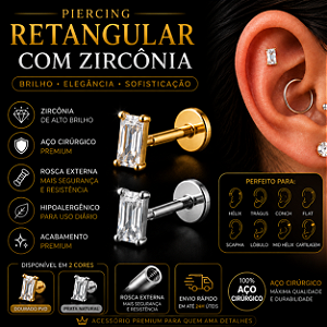 Piercing Retangular Zircônia Labret Aço Cirúrgico Hélix Trágus Conch Flat Lóbulo Prata Dourado