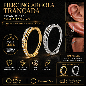 Piercing Argola Trançada Titânio G23 Zircônias Hélix Conch Daith Septo Nariz Trágus Click 10mm 12mm