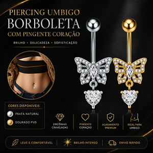 Piercing Umbigo Borboleta Laço Pêndulo Zircônias Cravejadas Aço Cirúrgico Prata Dourado Antialérgico 10mm 1.6mm