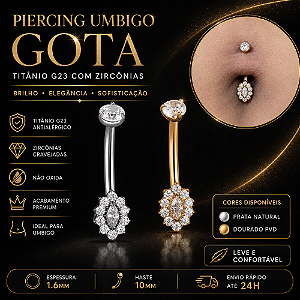 Piercing Umbigo Gota Titânio G23 Zircônias Cravejadas Prata Dourado Antialérgico Belly 10mm 1.6mm