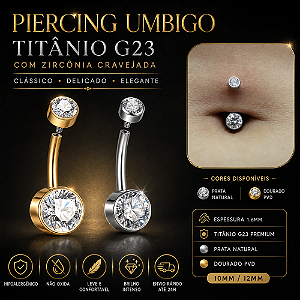 Piercing Umbigo Titânio G23 Zircônia Cravejada Prata Dourado Antialérgico Belly 10mm 1.6mm Feminino
