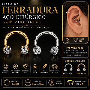 Piercing Argola Ferradura Aço Cirúrgico Rosca Interna Zircônia 8mm 10mm Septo Daith Hélix Trágus Sobrancelha