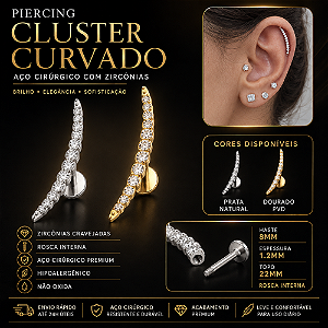 Piercing Cluster Curvado Aço Cirúrgico Zircônia Labret Hélix Conch Flat Lóbulo Trágus Prata Dourado Rosca Interna