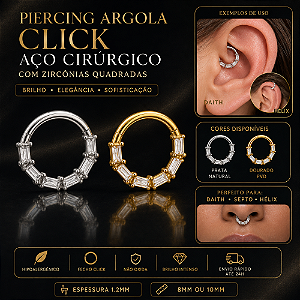 Piercing Argola Click Aço Cirúrgico Zircônia Quadrada Daith Septo Hélix Conch 8mm 10mm Prata Dourado