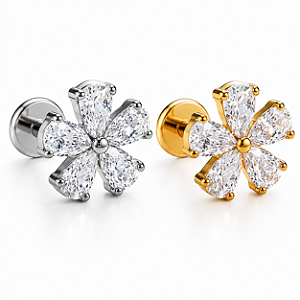 Piercing Labret Flor Aço 5 Zircônias Cravejadas Prata Dourado PVD Rosca Externa