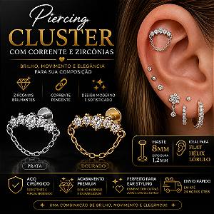 Piercing Labret Cluster Corrente Orelha Aço Cirúrgico Flat Hélix Lóbulo Scapha