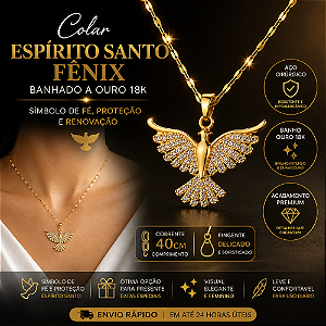 Colar Espírito Santo Fênix Aço Cirúrgico Banhado Ouro 18K Pingente Dourado Corrente 40cm Feminino