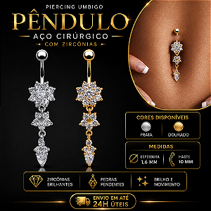 Piercing Umbigo Pêndulo Zircônia Aço Cirúrgico Dourado 10mm 1.6mm Pedras Pendentes Cravejado Feminino