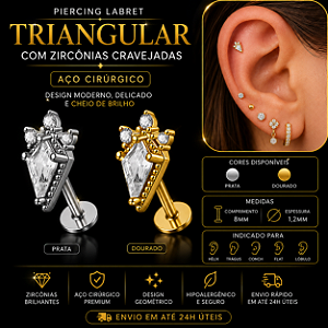 Piercing Labret Aço Cirúrgico Triângulo Zircônia Labret Hélix Trágus Conch Flat Lóbulo 8mm Prata Dourado