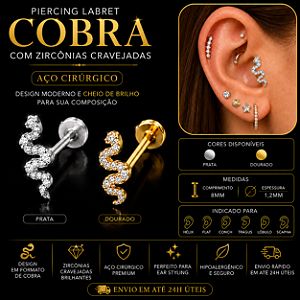 Piercing Cobra Zircônia Labret Aço Cirúrgico Hélix Trágus Conch Flat Orelha 8mm 1,2mm Prata Dourado