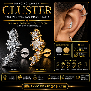 Piercing Labret Aço Cirúrgico Cluster Zircônia Hélix Trágus Conch Flat Orelha Prata Dourado