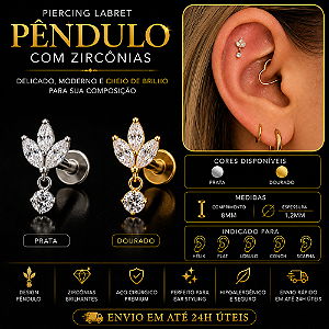 Piercing Labret Aço Cirúrgico Orelha Pêndulo Zircônia  Hélix Trágus Conch Flat Lóbulo Dourado