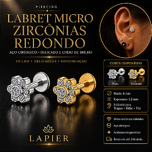 Piercing Micro Zircônias Labret Aço Cirúrgico Hélix Trágus Conch Flat Lóbulo Orelha Prata Dourado