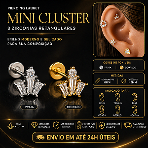 Piercing Mini Cluster 3 Zircônias Retangulares Labret Aço Cirúrgico Hélix Trágus Conch Flat Prata Dourado