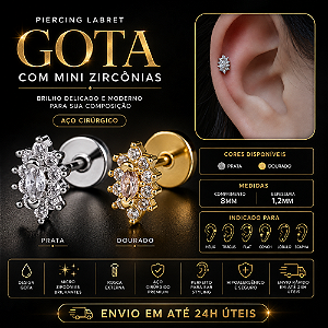 Piercing Labret Aço CirúrgicoGota Zircônia Hélix Trágus Conch Flat Lóbulo