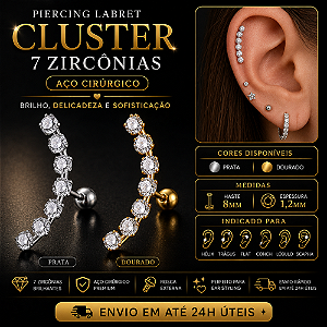 Piercing Cluster Zircônias Labret Aço Cirúrgico Hélix Trágus Conch Flat Prata Dourado
