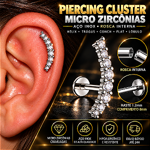 Piercing Cluster Aço Inox Micro Zircônias Rosca Interna Hélix Trágus Conch Flat Lóbulo
