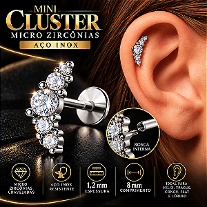 Piercing Labret Aço Inox Mini Cluster Micro Zircônias Rosca Interna Hélix Trágus Conch Flat Lóbulo