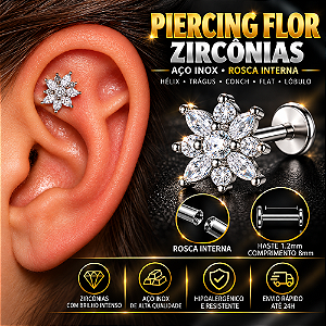 Piercing Labret Flor Zircônia Labret Aço Inox Rosca Interna Hélix Trágus Conch Flat Lóbulo