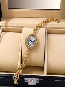 Relógio oval cravejado- dourado