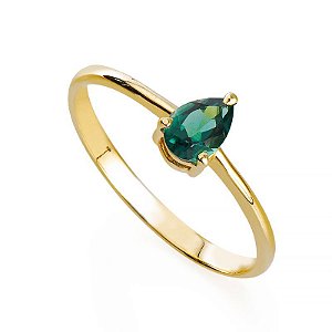 Anel Solitário Prata 925 Banhado a Ouro com Pedra Verde em Lapidação Gota